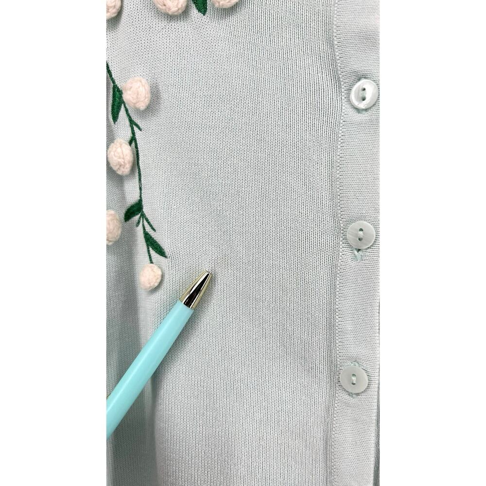 Talbots Floral Embroidered Cardigan Sweater Size 2Xp Mint Green Pom Pom Detail - Picture 10 of 12